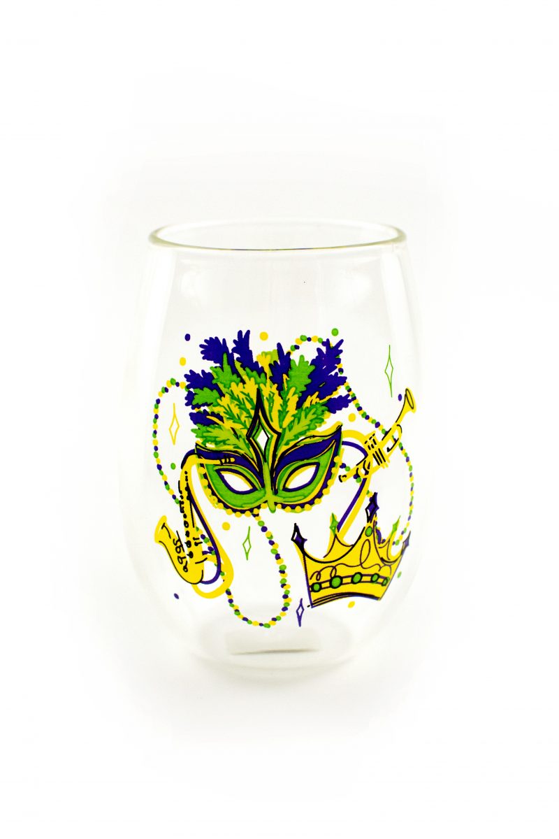 Stemless Wine Glass - Mardi Gras Mask