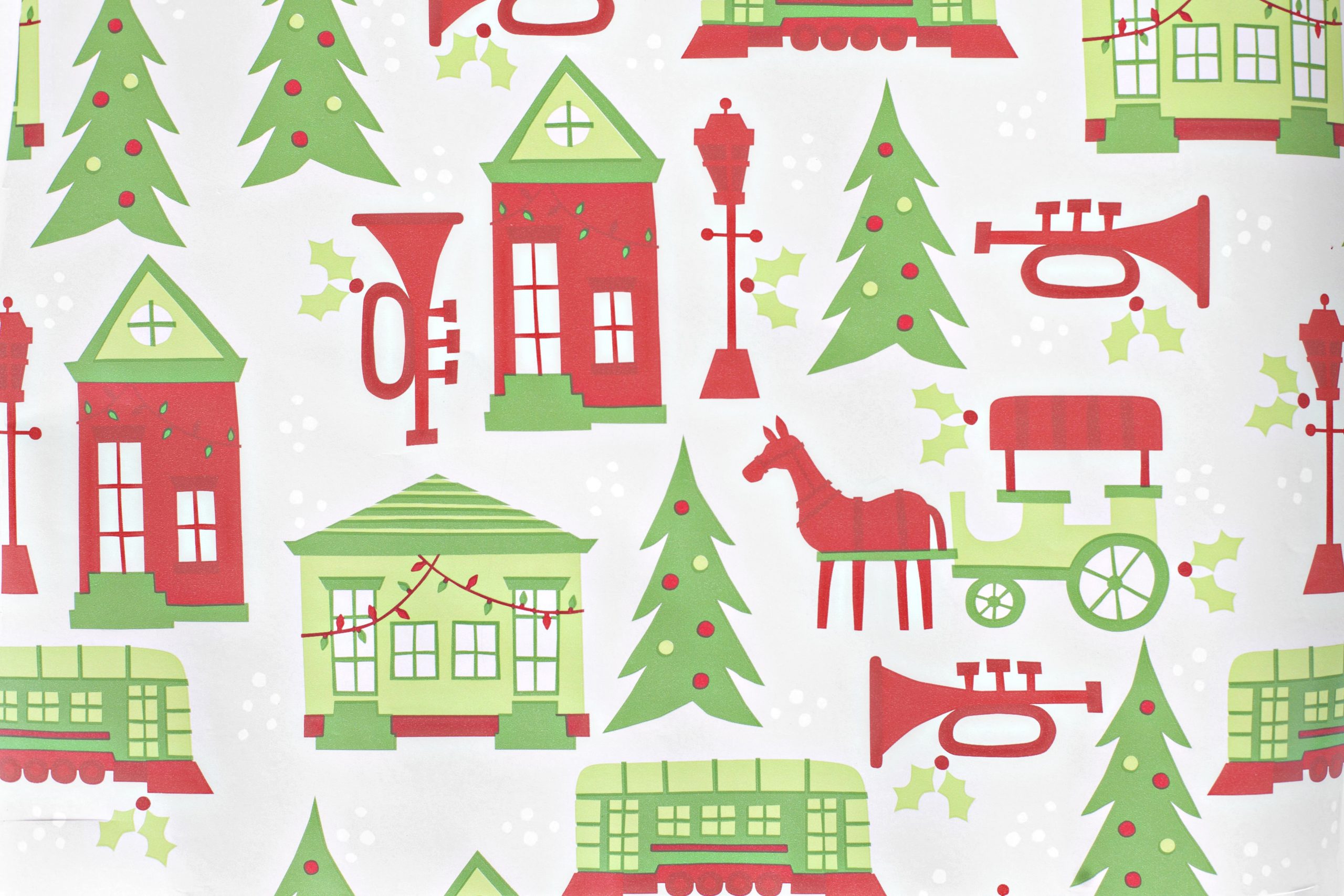 Vintage Christmas Wrapping Paper/Tissue Paper Santa Claus Sleigh Tree House  Candy Canes on White One Flat Sheet Vintage Christmas Gift Wrap